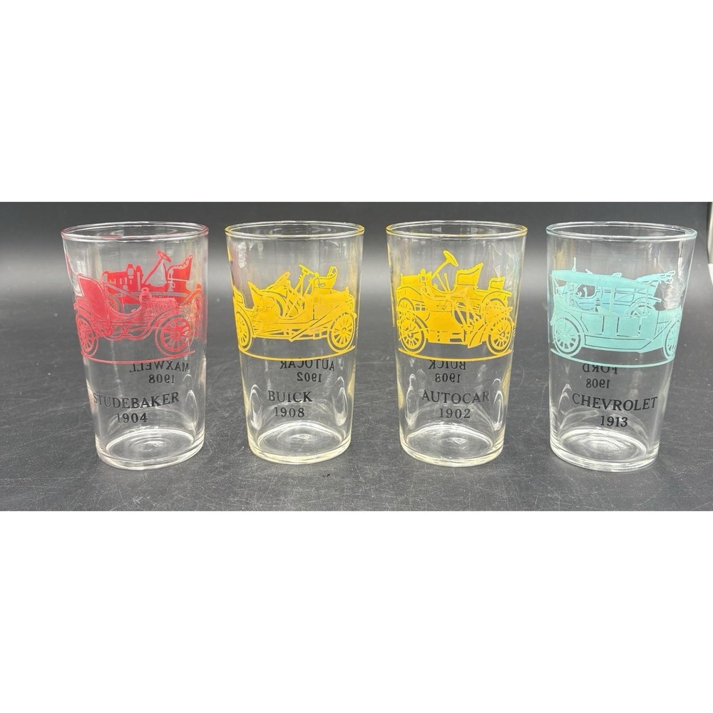 VINTAGE FEDERAL GLASS ANTIQUE CAR DRINKING GLASSES SET OF 4, 11 OZ 5" TALL MCM